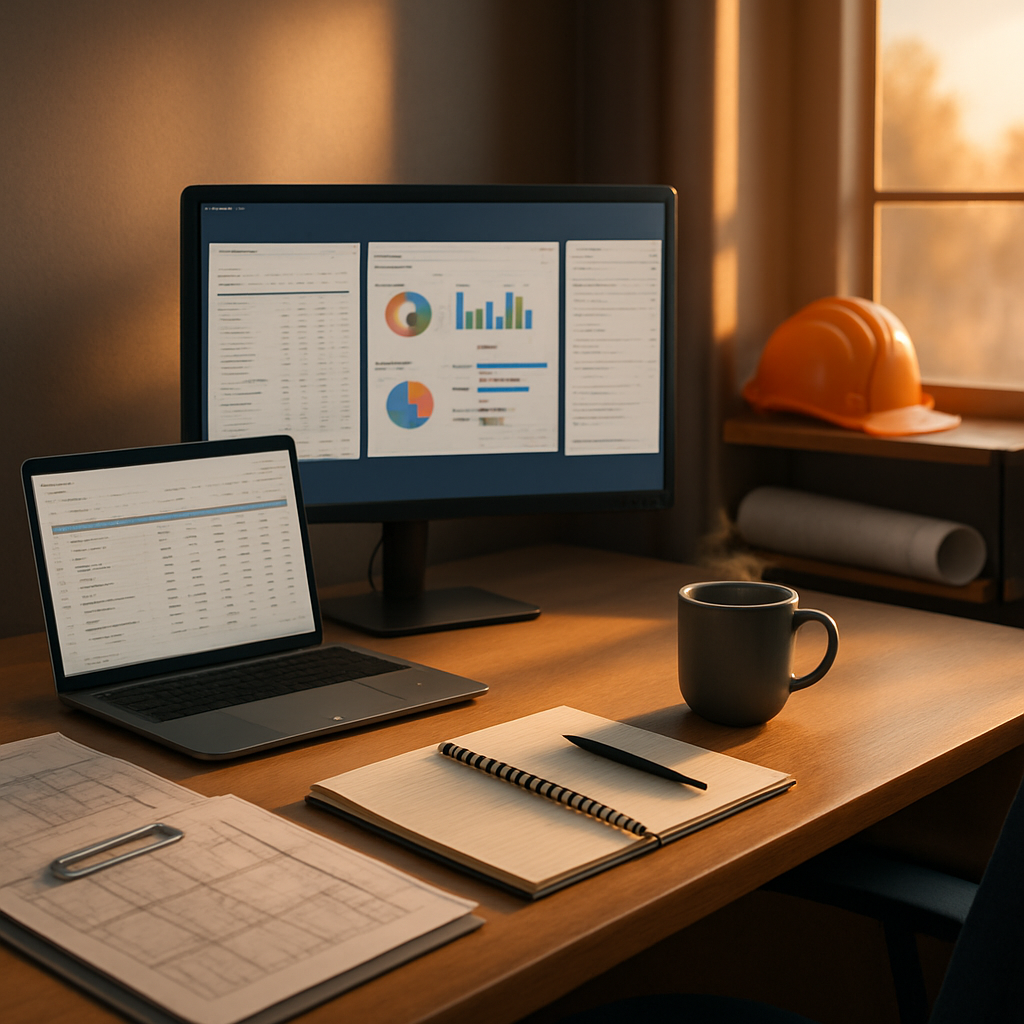 A tidy home office desk in soft early morning light A laptop and large monitor display spreadsheets project dashboards and email open across clean screens Blueprints a clipboard and a notepad with a pen sit neatly beside a steaming coffee mug Warm su-1